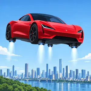 Tesla roadster s tryskami směrem dolů, auto ve vzduchu