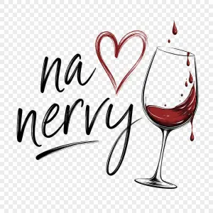 text: na nervy, obrazek srdicka a sklenička na víno s kapkami bez pozadímoderně