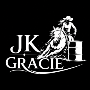 Bilim udelej napis JK GRACIE a siluetu jedneho kone a kovbojky jak bezi barelly a taky v bilem at jsou oba v pohybu