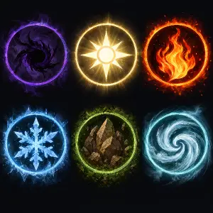 six kind of lements form glommhaven. Dark, light, fire, frost, earth and wind. Each in circle of its appropriate colour.