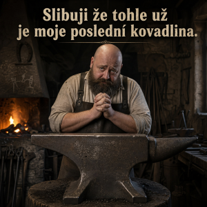 kovadlina,za ní plešatej, fousatej chlap s provinilim vyrazem text: Slibuji že tohle už je moje poslední kovadlina.