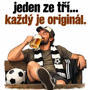 Text: jeden ze tří...každý je originál.
Pod to obrázek muže pijícího pivo, u něho fotbalový míč , nebo něco fotbalového