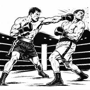 Velmi Akční jednoduchá černobílá kresba dvou boxerů v ringu