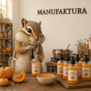 3d chlupatý burunduk s fouskama vyrábí dýňový sprchový gel,na stěně je nápis MANUFAKTURA,pod napisem nic neni, světlá mi