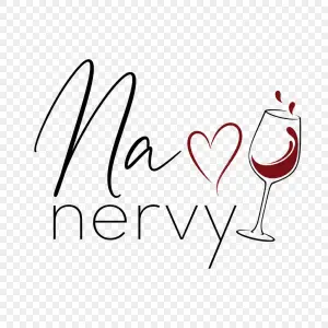 Text: Na
nervy, obrázek srdíčka a sklenička vína s kapkami bez pozadí jen písmo a víc do moderna