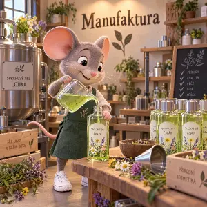 3D kreslená myš vyrábí sprchový gel louka, ma bílé tenisky, na stěně je nápis Manufaktura