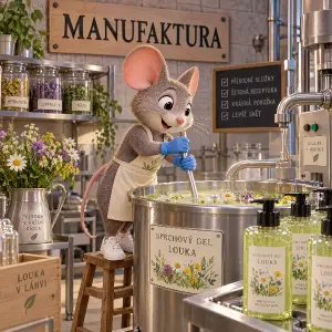 3D kreslená myš vyrábí sprchový gel louka, má modré rukavice a bílé tenisky, na stěně je nápis MANUFAKTURA