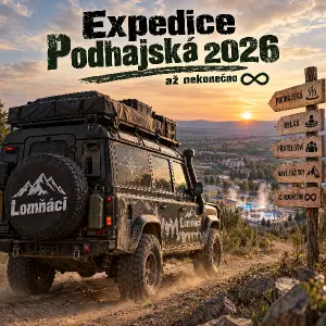 Expedice Podhajská 2026 až nekonečno, expediční vůz s nápisem Lomňáci.