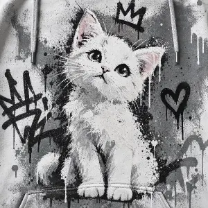 Cute bílou kočičku z šedo bílím podkladem jako mikina