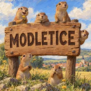 3d kreslená dřevěná cedule, je tam napsáno MODLETICE, na ceduli je několik syslů