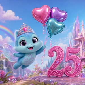 Bibble modre létající stvoreni z Barbie fairytópiana hlavě korunku v Ruce 3 helium balonky tvar srdce, vedle číslo 25