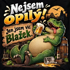 Text: Nejsem opilý! Jen jsem víc Blažek. Přidej tam nějaké efekty třeba a dinosaura s velkým břichem a pivem v ruce
