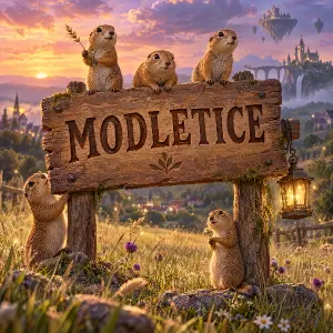 Na poli je 3D kreslená dřevěna cedule s nápisem MODLETICE, na ceduli je několik syslů