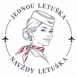 Hlava letušky s lodičkou a šátkem a kolem nápis Jednou letuška Navždy letuška