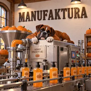 3D kreslený pes boxer leží na stroji, který vyrábí dýňový sprchový gel,na stěně je nápis MANUFAKTURA, pod nápisem není