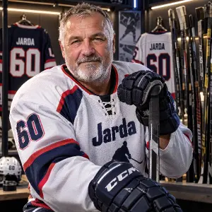 hokejista, 60, Jarda a v pozadí dresu hokejky