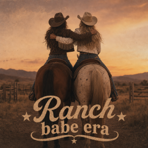 dvě cowgirl na koních zády co se drží za ramena a pod tím nápis Ranch babe era