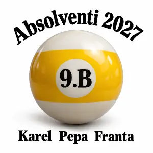 Kulecnikova koule ktera ma misto visla 9.B, nad kouli napis Absolventi 2027, pod kouli jmena Karel Pepa Franta.