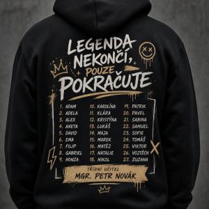potisk na zada s 27 jmeny a jmenem učitele taky s cool designem