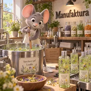 3D kreslená myš vyrábí sprchový gel louka, ma bílé tenisky, na stěně je nápis Manufaktura