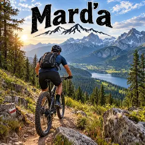 Horske kolo s cyklistou,okolo příroda,hory.Nahore nad obrázkem nápis Marďa.