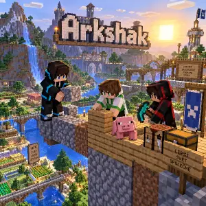tři postavy v minecraftu s prasetem staví svět, přidej nickame Arkshak