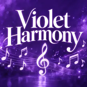 Velký bílý nápis Violet Harmony a hudební motivy