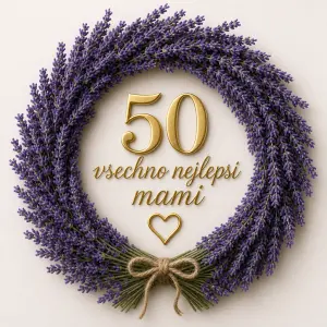 Levanduli dole spojenou a ve stredu zlatym 50 a text “vsechno nejlepsi mami” a pd tim zlate male dute srdce.