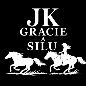 BILIM udelej napis JK GRACIE A SILUETU KONE A KOVBOJKY TAKY V BILEM A KUN JAK BĚŽÍ