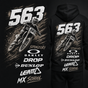 Šeby 563 velký napis motocrosové motorce sponzoři oakley drop dunlop leatt mx school postisk na mikině