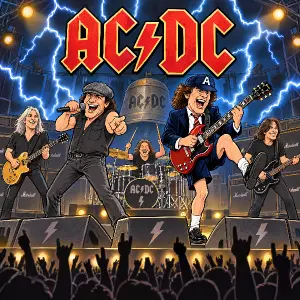 Kreslena karikatura kapely ACDC na pódiu s blesky dokola
s nápisem ACDC