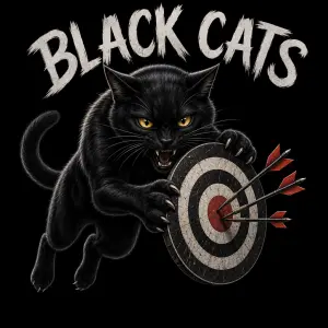 černá kočka v útoku skákající a držící terč se šipkami, nápis nad obrázkem BLACK CATS