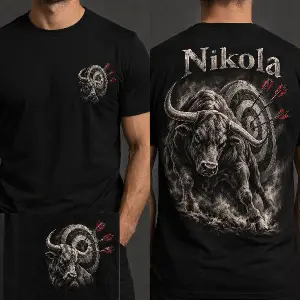 Bude tam vepředu býk plus terč v kterým jsou zapíchly šipky zezadu bude nahoře Nikola vepředu bude na levé straně na prs