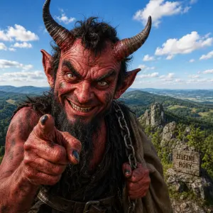 Železné hory s čertem za jasného dne, čert ať dominuje obrázku