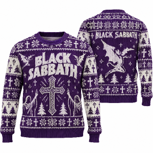 Fialovo bílý svetr black sabbath ve stylu vánočního svetru a kříži