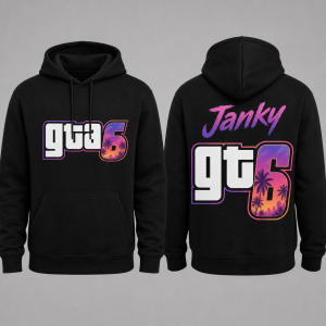 Mikinu z potiskem ze předu gta6 a zezadu gta6 ale nad ním nápis Janky