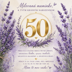 Levandule, uprostred zlatym 50 a nejaky text k narozeninam pro maminku k 50. narozeninam