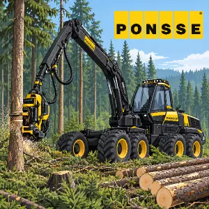 harvestor v lese a logo firmy ponsse