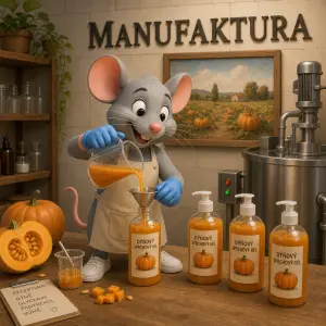 3D kreslená myš vyrábí dýňový sprchový gel,má modré rukavice a bílé tenisky,na stěně je nápis MANUFAKTURA-pod není obraz
