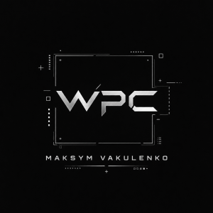 Minimalistické futuristické logo WPC, text MAKSYM VAKULENKO, bílo-stříbrné, technické HUD linie, čtverce, tečky, plusy,