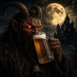 Čert krampus pijící pivo z oroseného půllitru, na pozadí svítící měsíc a silueta hradu, čertovi at jiskři oči