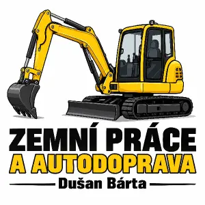 Nápis ZEMNÍ PRÁCE A AUTODOPRAVA Dušan Bárta a nějaký obrázek minibagru žlutého kresleného
