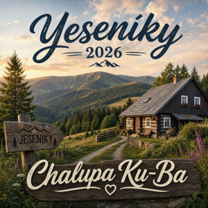 Horská krajina s nápisem Yeseníky 2026
Chalupa Ku-Ba