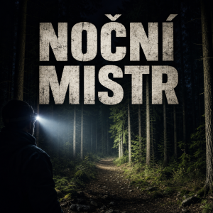 Nápis NOČNÍ MISTR. Na pozadí les osvětleným kuželem světla z čelovky