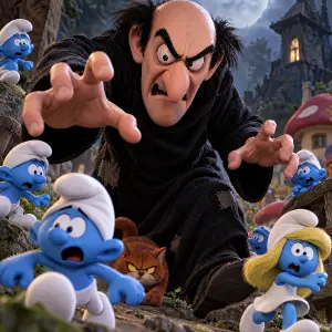Udělaj hlavní postavu gargamela a okolo něho šmouly, ale ať je středem hlavně Gargamel