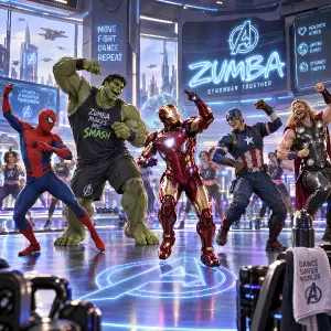 Spider man, Hulk, Iron man, capitan america, thor se sejdou na zumba lekci a jsou všichni šťastní.