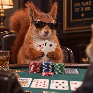 veverka hrající poker, drží karty 7 a 2.