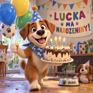 3D kreslený pes je na narozeninách,nese dort a balonky, na stěně je napsáno LUCKA MÁ NAROZENINY! Méně růžové