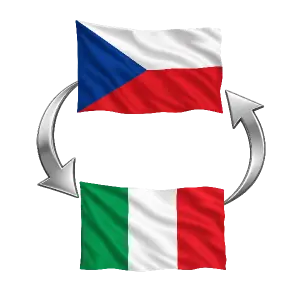 Česká a italská vlajka nad sebou a z nich směřují z každé šipky do té druhé šipky jsou stříbrné a bez pozadí
