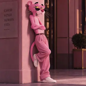 růžový panter který se opíra a nějak stylově ty kalhoty